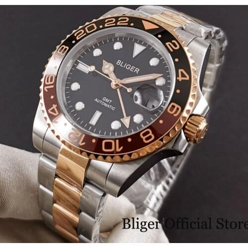 BLIGER Brand Root Beer Rose Gold Automatic Men Watch Sapphire Glass GMT Hand Date Window Mental Strap Ceramic Bezel