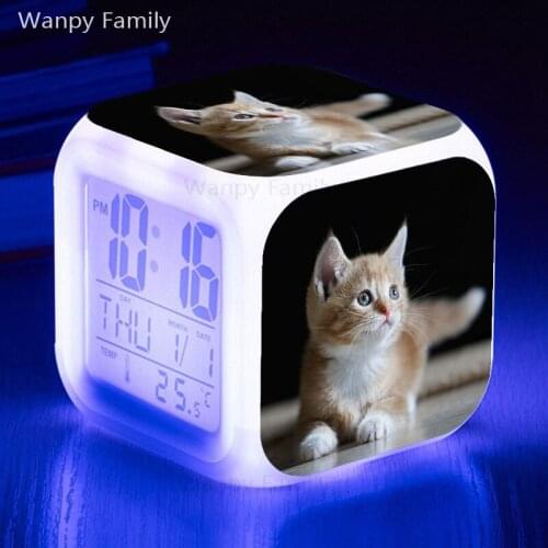 Lovely Cat Kitten Alarm Clock 7 Color Glowing Big Screen Digital Alarm Clock Kids Gift Multifunction Flash Touch Watches Clock