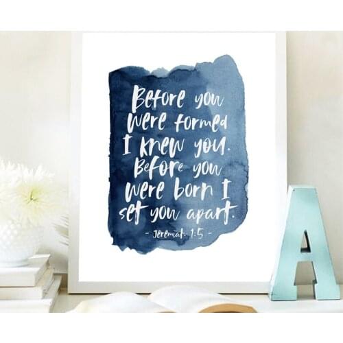 Nursery Bible Verse Jeremiah 1: 5 Quote Canvas Print Watercolor Art Painting Scripture Poster Baby Room Decor Boys Baptism Gifts