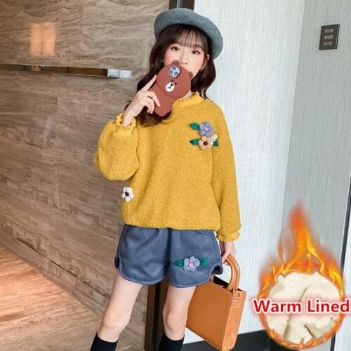 Baby Girls Autumn Winter Cute Clothing Sets Warm Thicken Sweatshirt+Shorts 2PCS Flower Design Kids Clothes 4 5 7 8 9 11 12 13Yrs
