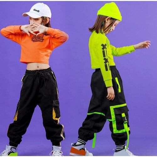 2021 Kids Jazz Hip Hop Costumes Girls Long Sleeve Cropped T shirt Running Pants Clothing Hiphop Pants Stage Performance Wear