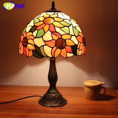 FUAMT Stained Glass Table Lamps Vintage Sunflower Desk Lamp Living Room Bedside Lamp Brushed Nickel Glass Lamp Light Fixtrues