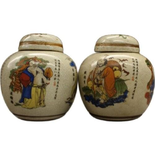 Chinese Old Porcelain Pastel Eight Immortals Sea-Crossing Tea Cans (1 Pair) Covered Cans