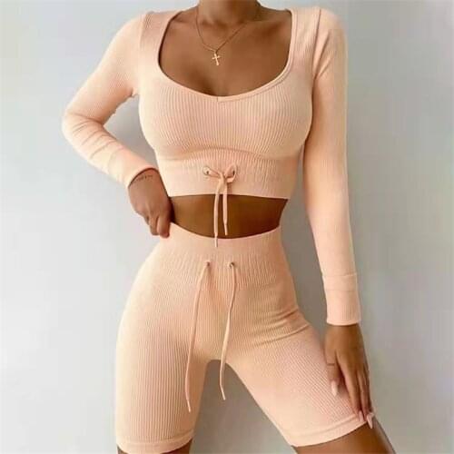 Seamless Yoga Set Women Two Pieces Crop Top Long Sleeve Shorts Sportsuit Workout Outfit Fitness Running Sport Suit Gym Wear Gym