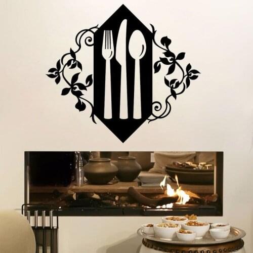 Knife Spoons Fork Kitchen Wall Stickers Beautiful Flower Pattern Design Wall Art Mural Removable Vinyl Home Decor