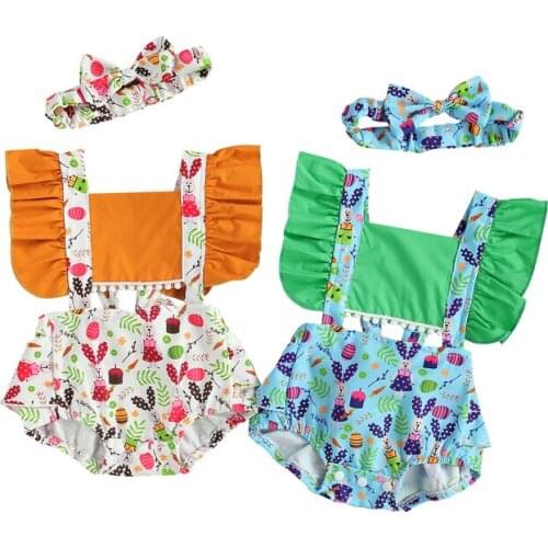 Lovely Summer Baby Girls Rompers Cartoon Rabbit Floral Print Ruffles Sleeve Backless Jumpsuits Headband