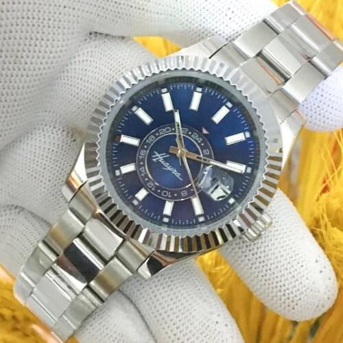 40mm mens watch automatic stainless steel case waterproof silver case Blue Black Dial Mens luminous watch folding buckle