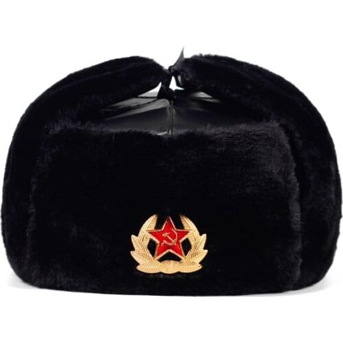 Soviet Army Military Badge Russia Bomber Hats Pilot Trapper trooper Hat Winter Faux Rabbit Fur Earflap Men Snow Caps
