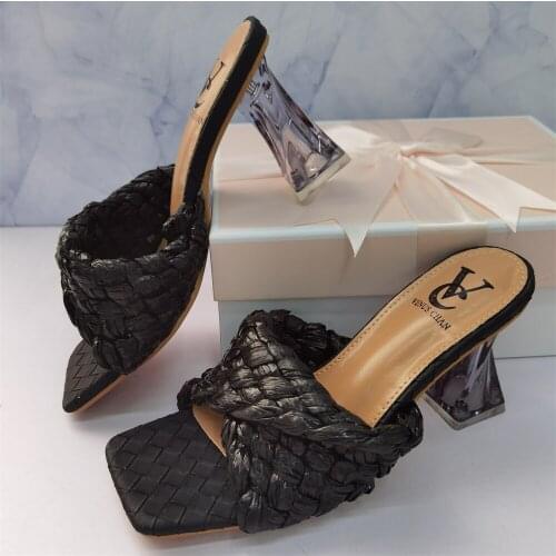 Size 37--42 Newest Design Weave Women Slippers Thin High Heel Slippers Open Toe Slip On Summer Outdoor Slides Flip Flop Shoes