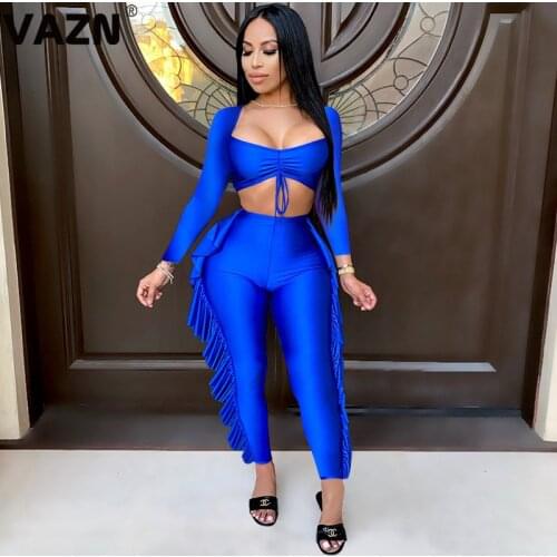 VAZN Special Design 2020 Solid Tracksuit Long Sleeve Full Pant O-neck 2 Piece Set Casual Bandage Street Sets