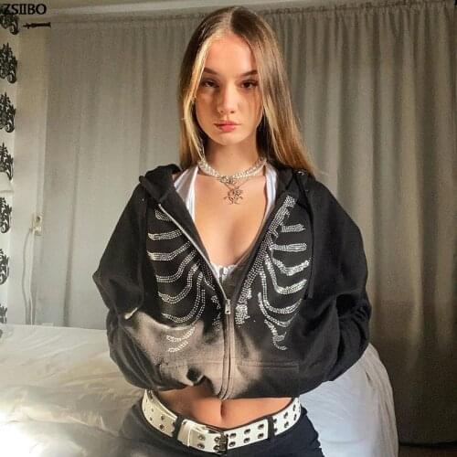 Rhinestone goth Print Womens Long Sleeve harajuku Pullover Hoodies Zipper y2k Loose Oversized Streetwear Casual grunge clothes