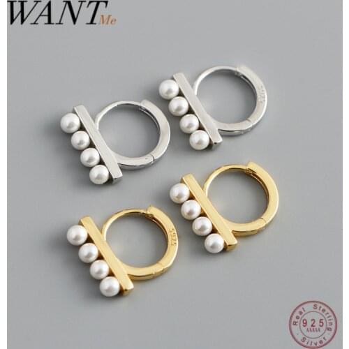 WANTME Real 925 Sterling Silver Japanese Korean Minimalist Round Pearl Ear Buckle for Women Bohemian Party Hoop Earrings Jewelry