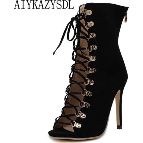 AIYKAZYSDL Cutout Caged Ankle Boots Gladiator Roman Sandals Open Toe Cross Strap Lace Up Strappy Bootie High Heel Pumps Stiletto