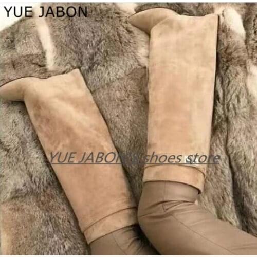 Shark Lock Women Wedge Boots Suede Leather Knee High Boots Pointed Toe Long Boots Female Wedges Heel Botas Mujer Big Size Shoe
