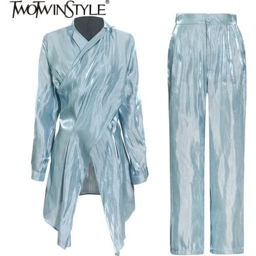 TWOTWINSTYLE Ruched Casual Two Piece Set For Women V Neck Long Sleeve Shirts High Waist Full Length Pants Solid Sets Female 2021