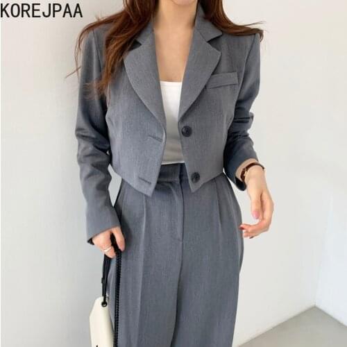Korejpaa Autumn Women Suit French Elegant Turn-down Collar Two Buttons Long Sleeve Notched Short Coat + High Waist Casual Pants