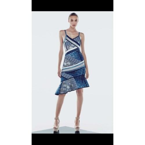 Newest Vestido Spaghetti Strap Blue Nice Jacquard Ruffles Knee-Lengt Fashion Sexy Rayon Bandage Celebrity Women Club Party Dress