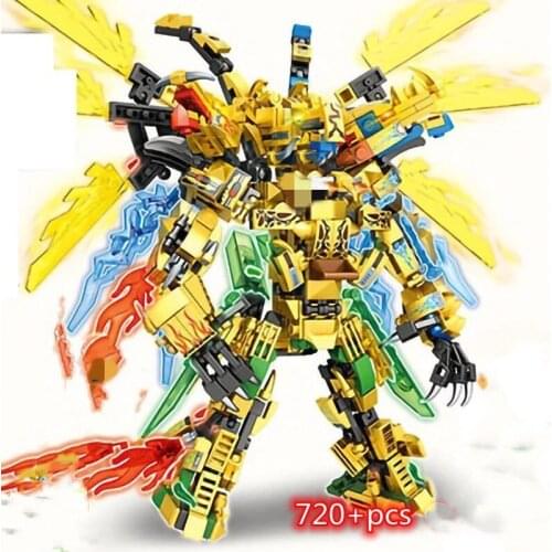 4 In 1 Ninja Gold Dragon Assembly Warrior Robot Model Figures Building Blocks Kids Toys Bricks Doll for Children Boys Gift
