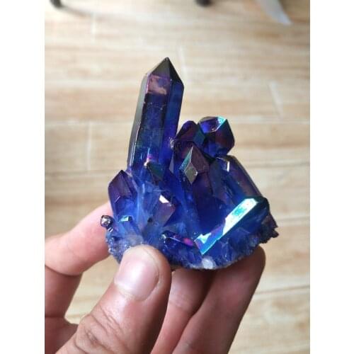 80-90g Blue Aura Crystal Cluster Angel Wand Points Natural Raw Clear Quartz Rough Healing Topaz Lemurian Seed Prism Charms