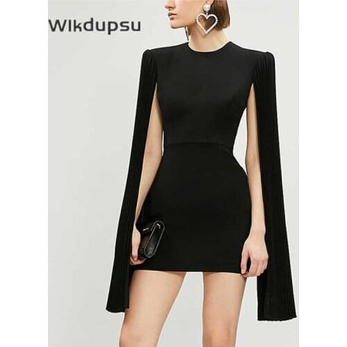 Black Slim Bodycon Sexy Backless Mini Dress Women Elegant Luxury Cloak Cape Long Sleeve Evening Party Dinner Celebrity Vestidos