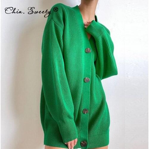 Knitted Womens Solid V-neck Sweater Cardigan 2021 Autumn Long Sleeve Single Breasted Loose Sweaters Ladies Green Knitwear Coat