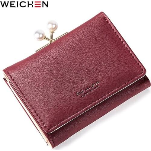 WEICHEN Pearl Element Trifold Women Wallets Soft Leather Ladies Purse Clamp Designer Coin Pocket Card Holder Female Wallet Hot