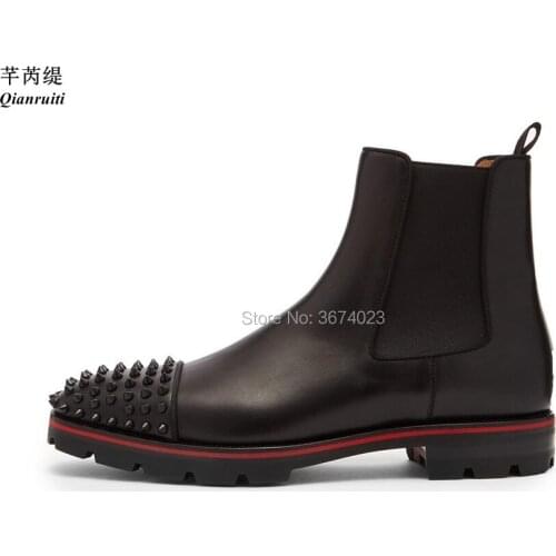 Qianruiti Men High Top Ankle Boots Chelsea Spiked Shoes Elastic Band Anti-skid Low Heeled Rivet Boots Men Autumn Winter