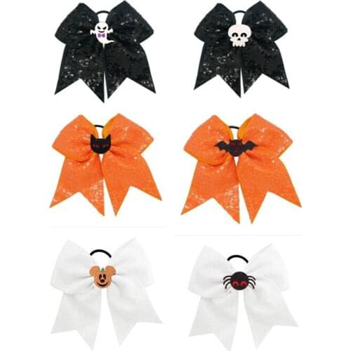 NEW 7inch Sequin Halloween Cheer Bows For Girls Print Ribbon Hair Bows Elastic Hair Bands Children Handmade Hair Accessories