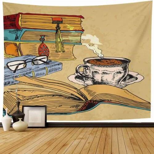 Open Literature Vintage Books Cup Coffee Colored Library Design Wall Hanging