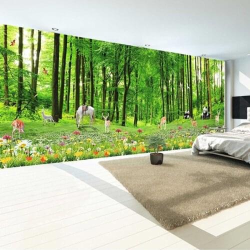 Custom 3D Photo Wallpaper Green Forest Cartoon Animals 3D Living Room TV Backdrop Wall Mural Panda Deer Flower Natural Scenery