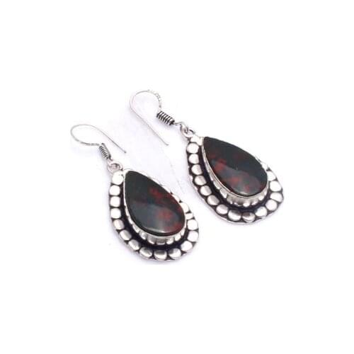 Genuine Bloodstone Silver Overlay on Copper Earrings, 47 mm , E6102