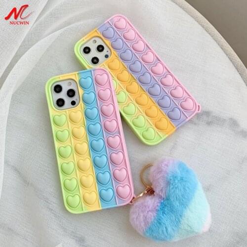 3D Push It Stress Relieve Case for iPhone 6 6S 7 8 Plus X Xr 11 12 Pro Xs Max Love Heart Pendant Girls Silicone Fidget Cover
