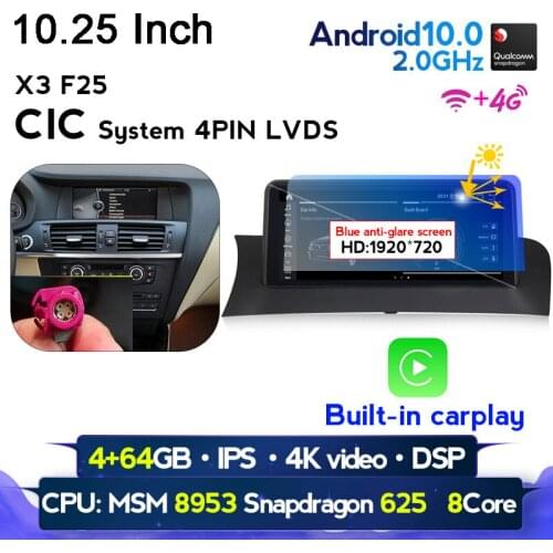 Top! 1920*720 Blue anti-glare screen Wireless carplay Android 10 Car multimedia player for BMW X3 F25/X4 F26 2011-2017