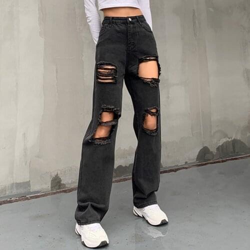 IAMSURE Cool Black Ripped Jeans Mid-Waisted Trousers Wide Leg Pants Pockets Casual Punk Streetwear Female 2020 Y2K Aesthetic