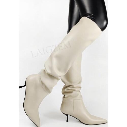 LAIGZEM Top Quality Women Slouch Boots Knee Real Leather+Stretchy Synthetic Kitten Heels Boots Shoes Woman Big Size 32 42 43