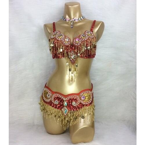 Hot design handmade beaded belly dance costume wear Bar+Belt 3piece/ set ,5 color ladies belly dance costumes women dancing wear