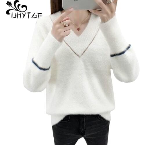 UHYTGF Autumn winter sweater women Mink cashmere v-neck pullover warm sweaters female knitted Short plus size top pull femme 620