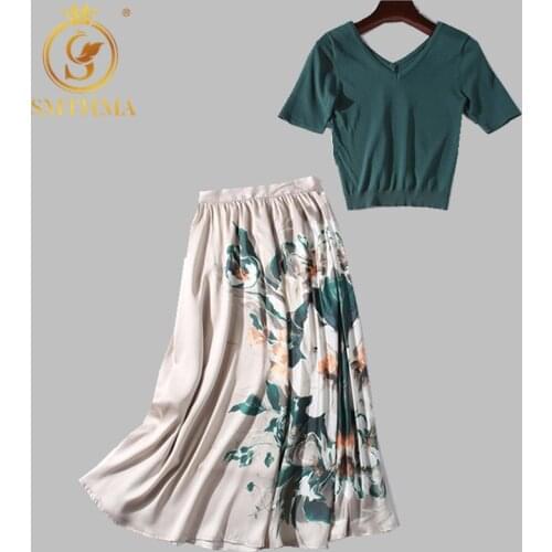 SMTHMA 2021 New Autumn Women Elegant Knit Sweater Top Green Slim Pullovers +High Waist Floral Skirts Suit Female Two Piece Set