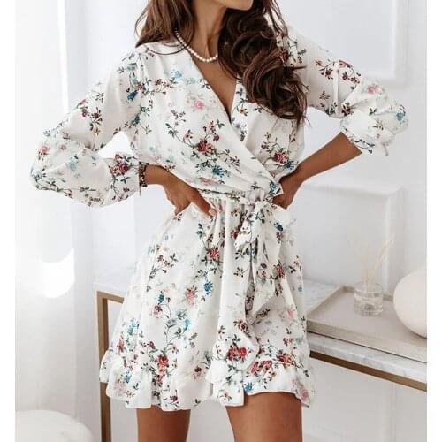 Autumn Spring Women Floral Tie-up Ruffles Dress Office Lady V-neck Wrap Short Dress Flared A-Line Dresses