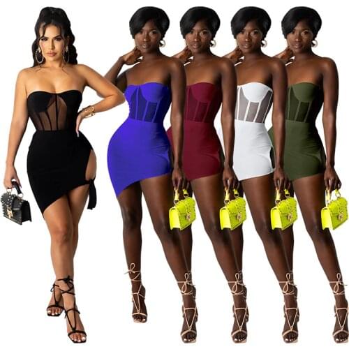 Sheer Mesh Patchwork Women Summer Dress Off The Shoulder Strapless Split Sexy See Through Ruched Mini Dress Clubwear