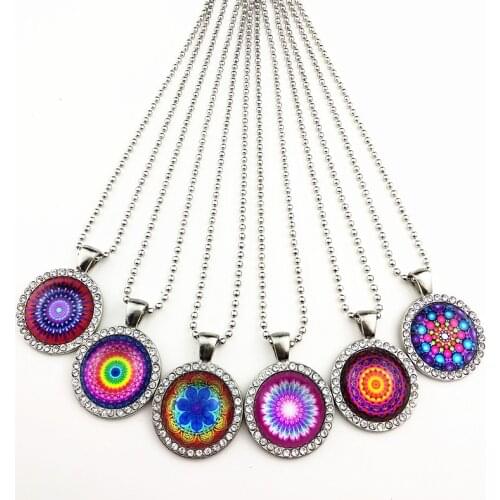 24pcs India wind Pendant Mandala Flower Bandanna Paisley Vintage necklace for women Buddhist cultural sweater chain wholesale