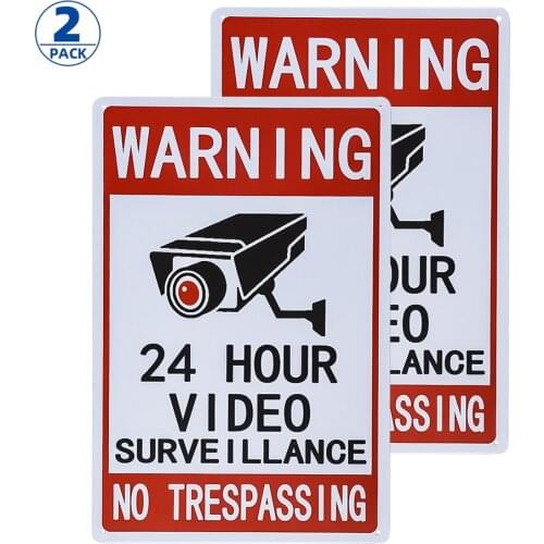 2-Pack 24 Hour Video Surveillance Sign, No Trespassing Aluminum Warning Sign, 12x8 Inches Indoor/Outdoor Use for Home Business