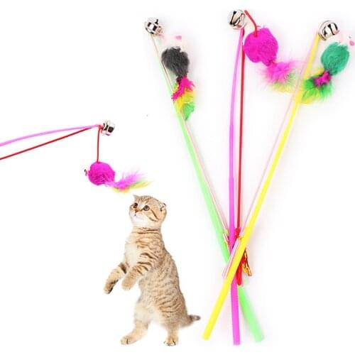 1pc Funny Kitten Cat Teaser Interactive Toy Rod With Feather Toys For Pet Cats Stick Wire Chaser Wand Toy Random Color L3
