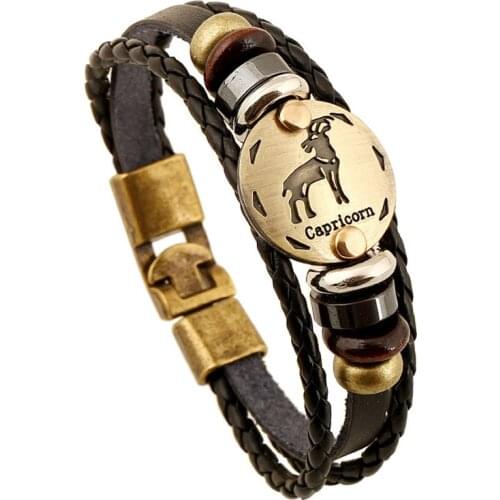 12 Constellations Bracelet Leather Rope Casual Personality Zodiac Signs Vintage Hematite Stone Charm Wristband Punk Bracelet Men
