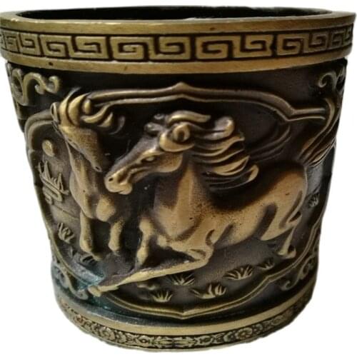 Archaize Bronze relief carving pen container Decoration double Horse pattern