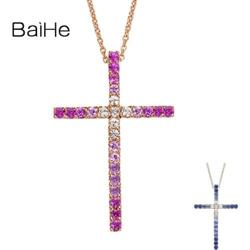 BAIHE Genuine Solid 18K White Gold Natural Blue Sapphire/Pink sapphire Cross Necklace Women Man Trendy Anniversary Fine Jewelry