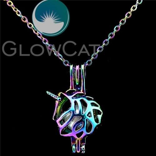 C453 Rainbow Color Myth Unicorn Beads Cage Essential Oil Diffuser Aromatherapy Pearl Cage Locket Necklace Women Girl Gift