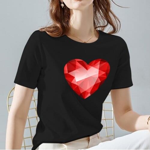 Black Basis Women Tshirts Love Heart Pattern Print Series Tops Tee Vogue Short Sleeve Summer Casual Round Neck Womens Clothing