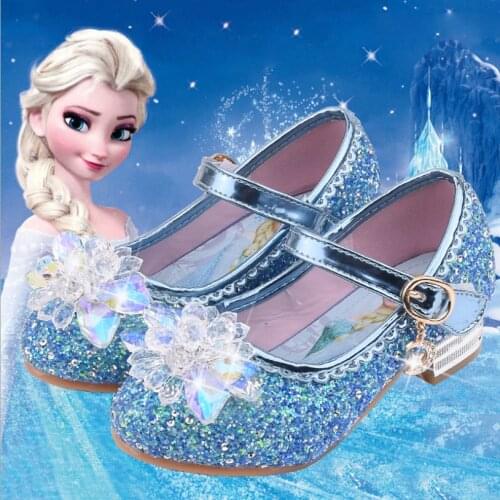 Disney Frozen Elsa Princess Girls Leather Crystal Shoes Glitter Casual High Heels Girls Sandals Pink Blue Silver Elsa Shoes