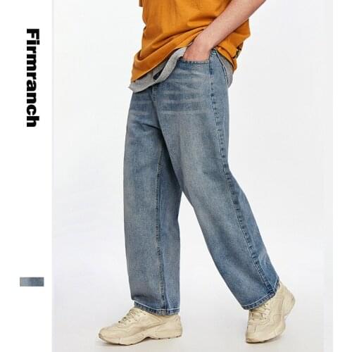 Firmranch Jeans For Men 2021 New Basic Retro Straight Trousers Harlan Wide Leg Loose Jeans Student Whiten Blue Long Demin Pants